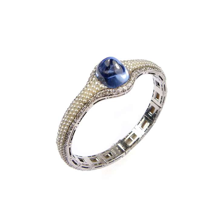 Early 20th century cabochon sapphire, pearl and diamond bracelet, with workshop mark for Charles Holl,